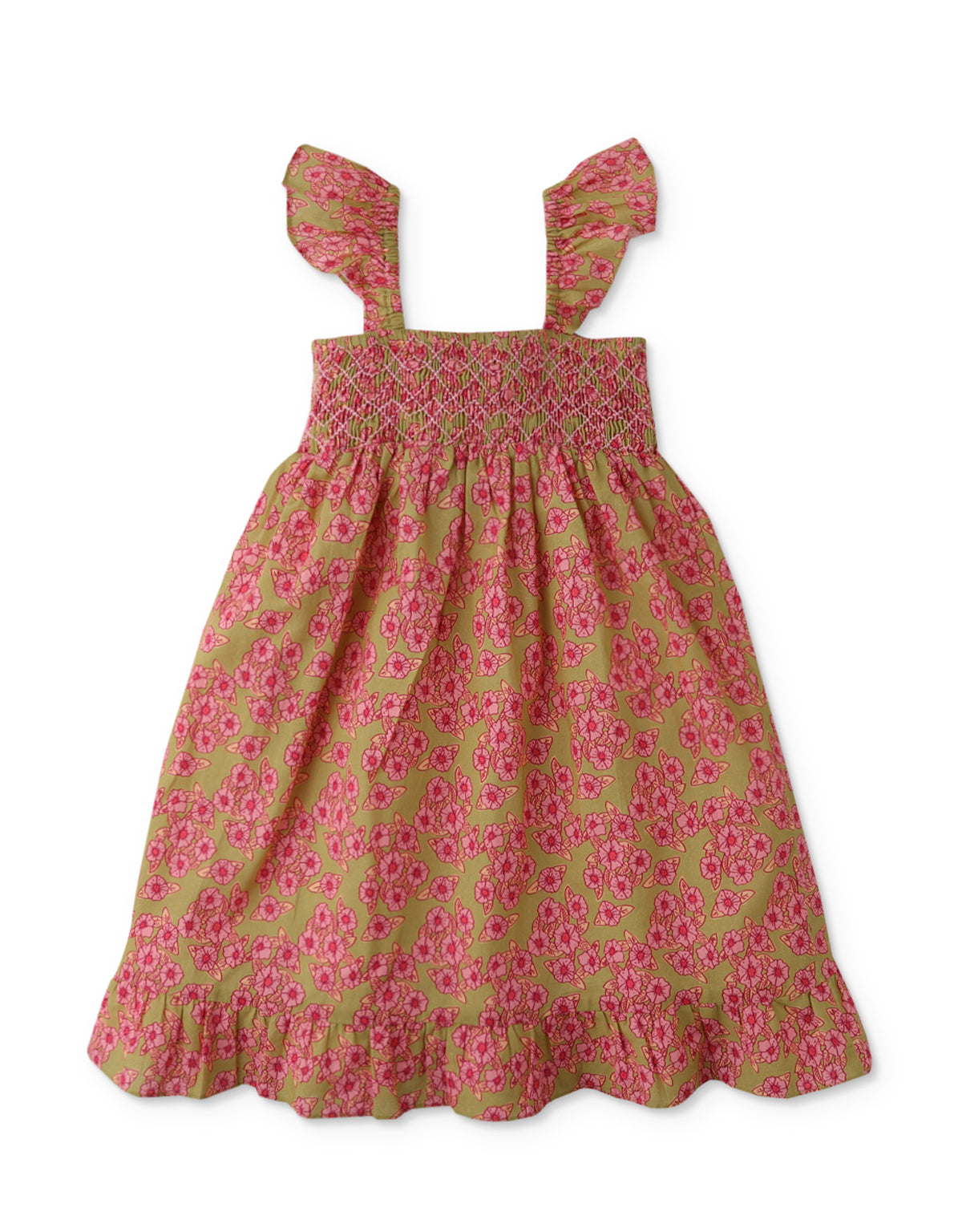 GIRLS SMOCKED BODICE 70S FLORAL PRINT RUFFLE DRESS