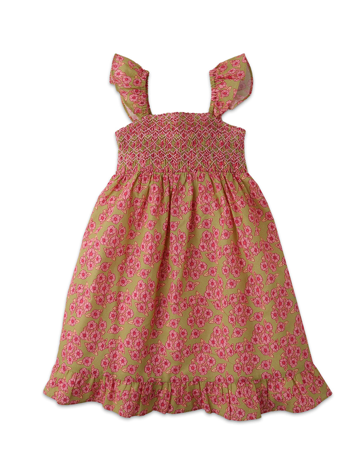 GIRLS SMOCKED BODICE 70S FLORAL PRINT RUFFLE DRESS