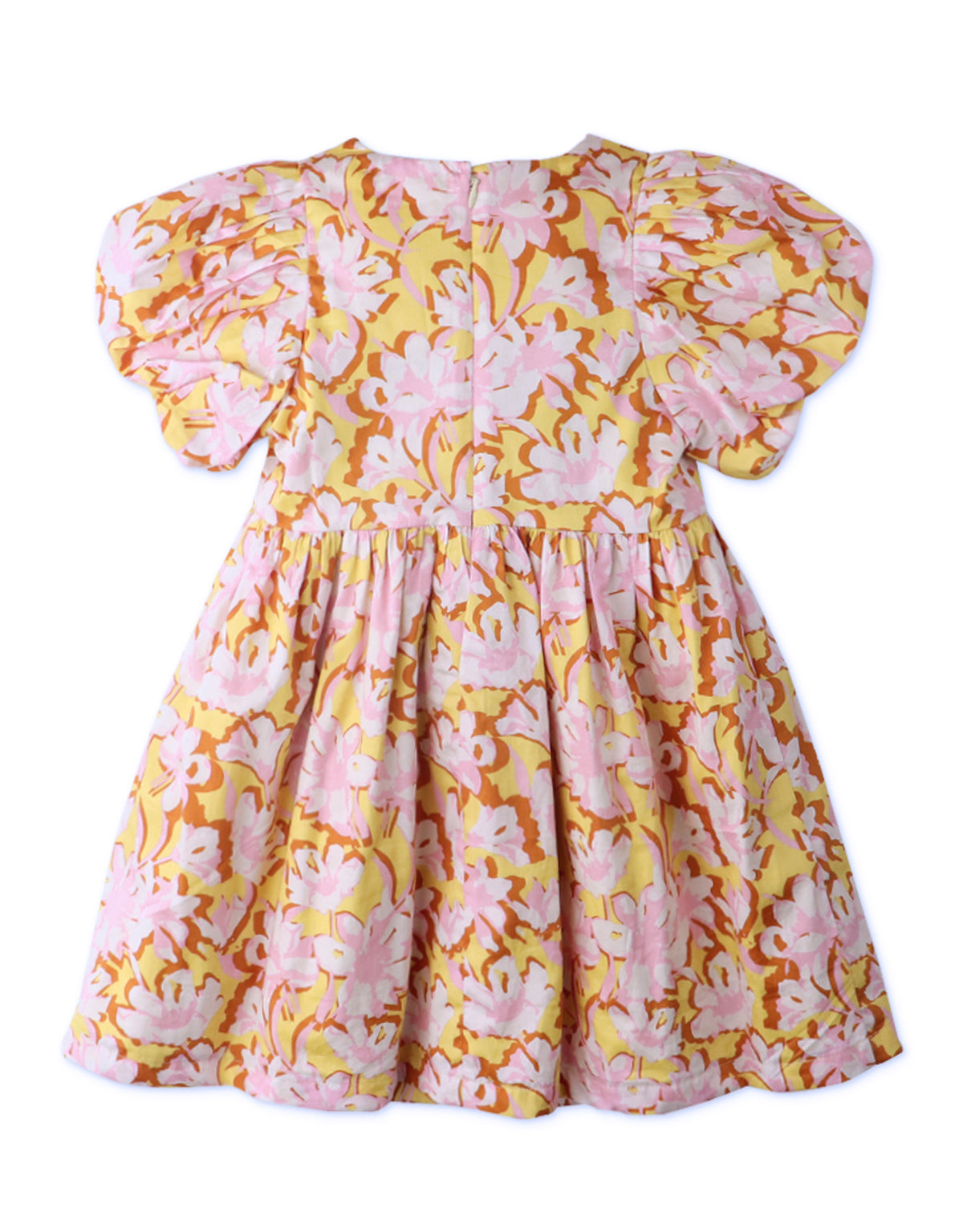 GIRLS FLORAL RUCHED NECK DRESS WITH BUBBLE SLEEVES