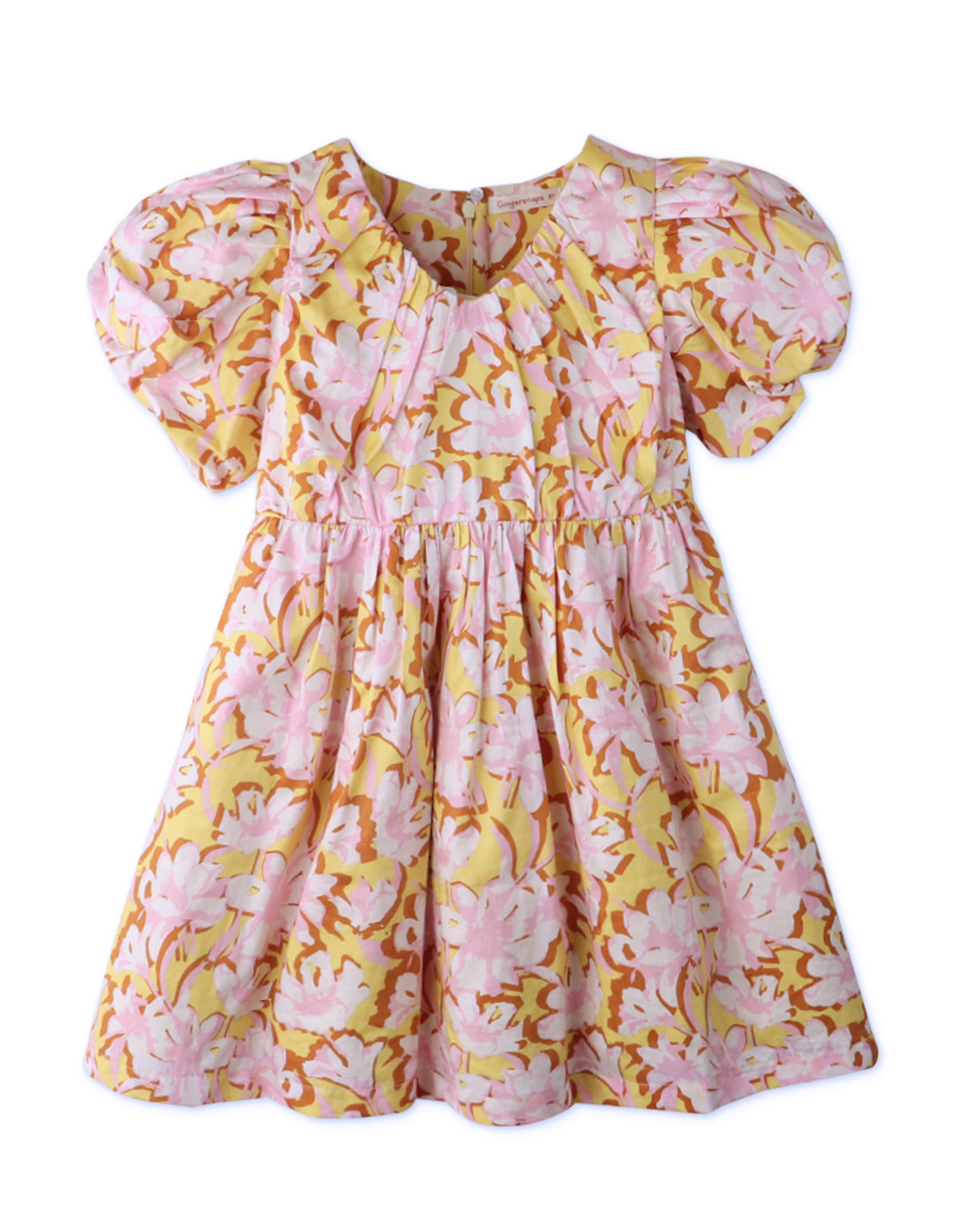 GIRLS FLORAL RUCHED NECK DRESS WITH BUBBLE SLEEVES