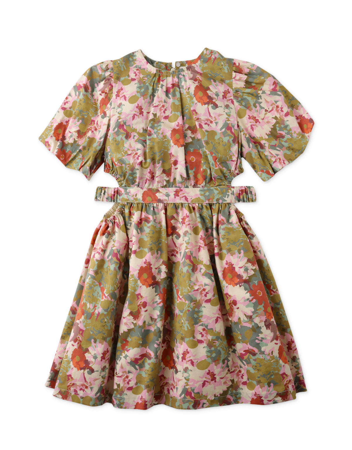 GIRLS FLORAL SIDE CUT-OUT DRESS WITH BUBBLE SLEEVES