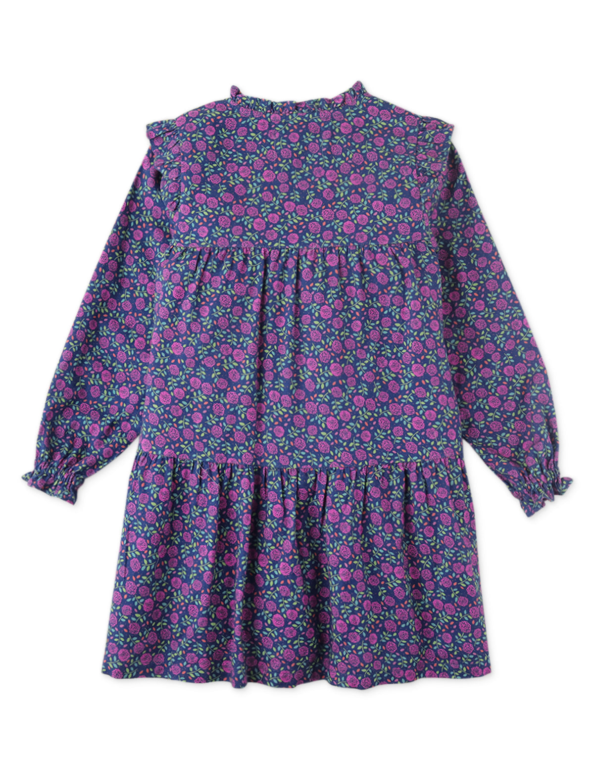 GIRLS PRINTED DRESS WITH RUFFLE DETAILS AND PLEATS ON CHEST