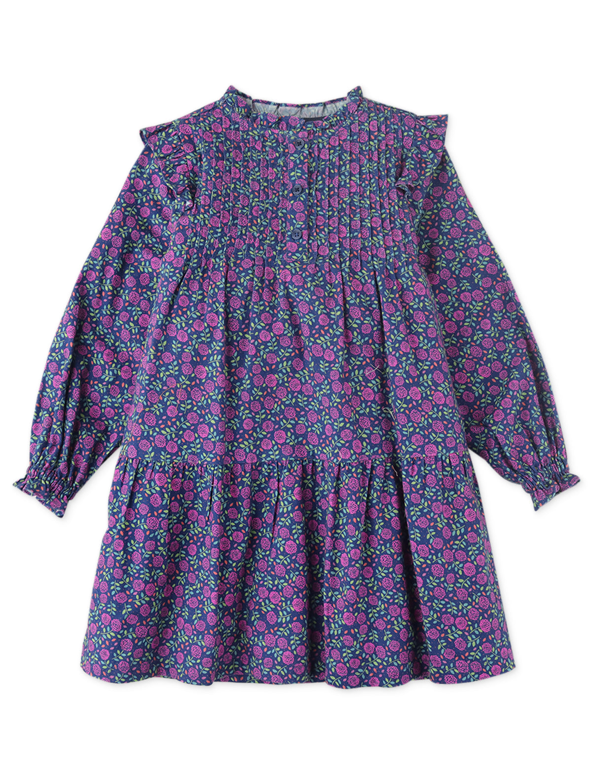 GIRLS PRINTED DRESS WITH RUFFLE DETAILS AND PLEATS ON CHEST