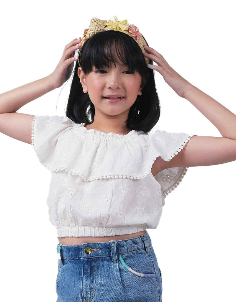 GIRLS FLORAL EYELET BLOUSE WITH DETACHABLE SLEEVES