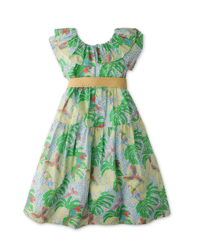 GIRLS TROPICAL PRINT MAXI DRESS WITH RAFFIA BELT