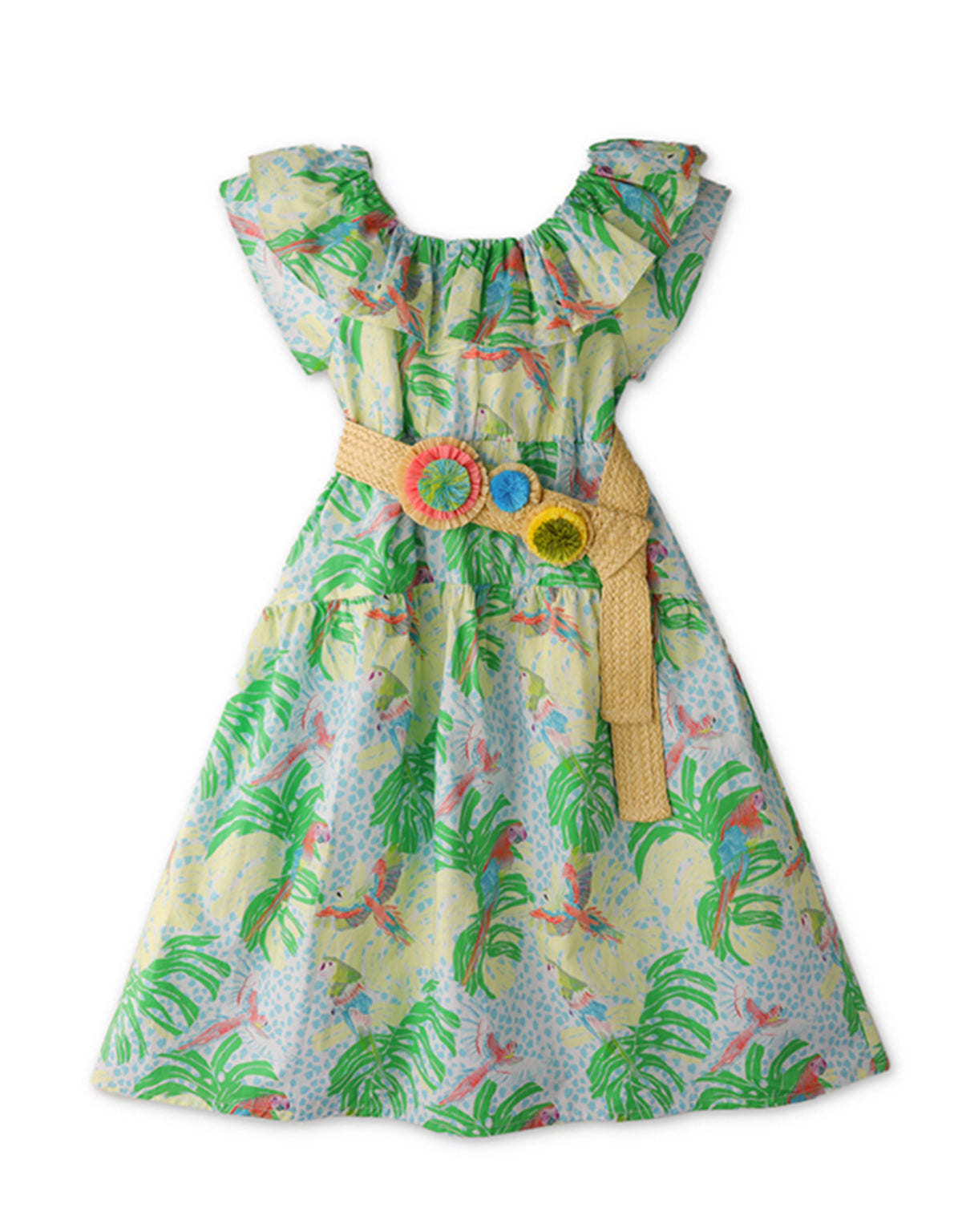 GIRLS TROPICAL PRINT MAXI DRESS WITH RAFFIA BELT