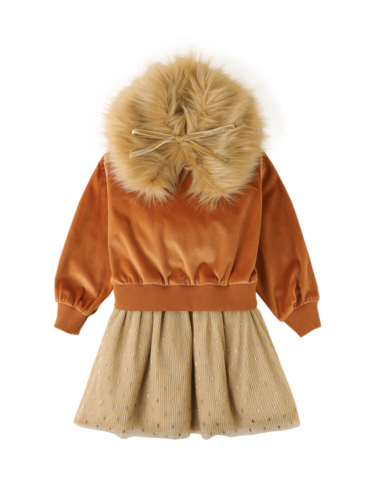 GIRLS VELVET DRESS WITH TULLE SKIRT AND DETACHABLE FAUX FUR COLLAR