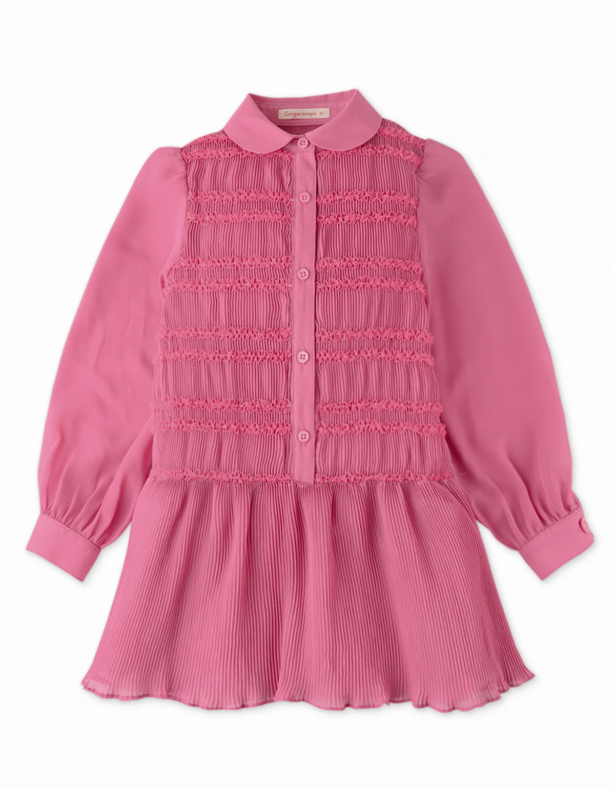 GIRLS SMOCKED DRESS WITH ELECTRIC PLEATED SKIRT DETAIL