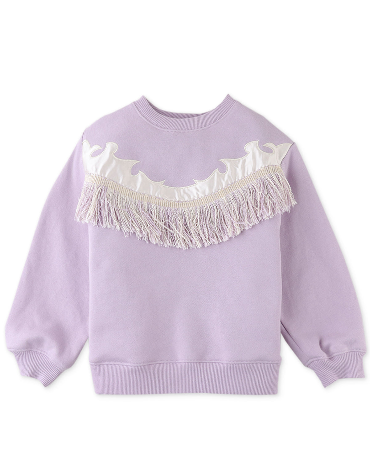 GIRLS FLEECE PULLOVER WITH APPLIQUE AND FRINGES ON FRONT