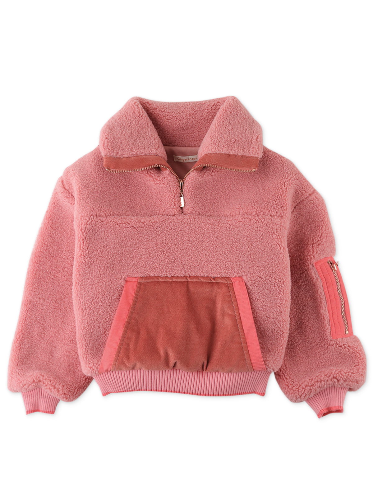 GIRLS FAUX SHEARLING PULLOVER WITH CONTRAST ZIPPER AND CORD COMBI