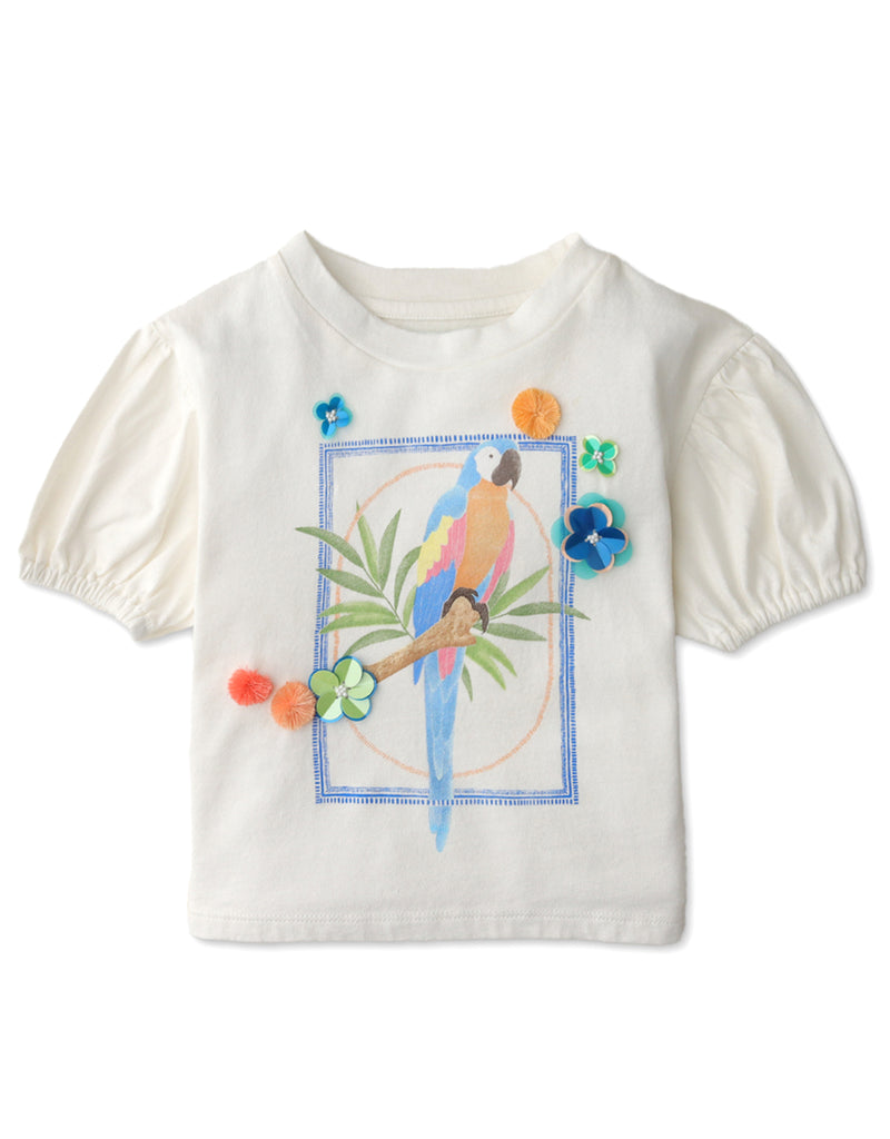 GIRLS PARROT PRINT TEE WITH FLORAL SEQUIN EMBELLISHMENTS