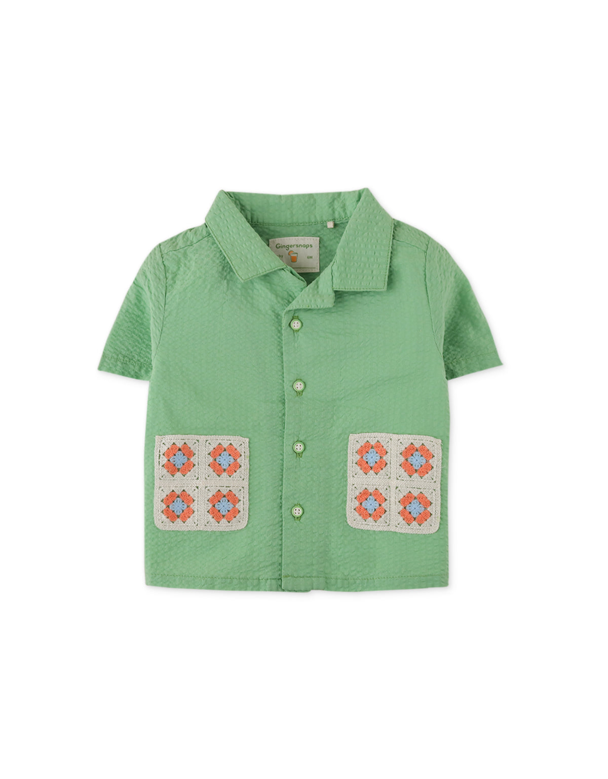 BABY BOYS SEERSUCKER SHORT SLEEVES SHIRT WITH CROCHET ON POCKETS