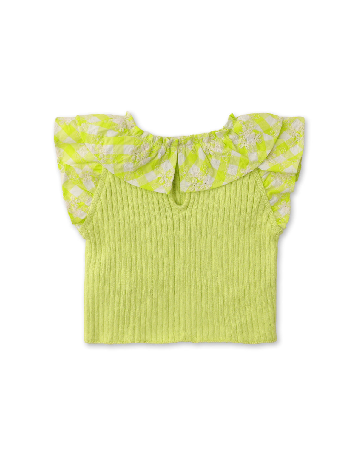 BABY GIRLS KNITTED BLOUSE WITH GINGHAM EYELET RUFFLE COLLAR AND SLEEVES