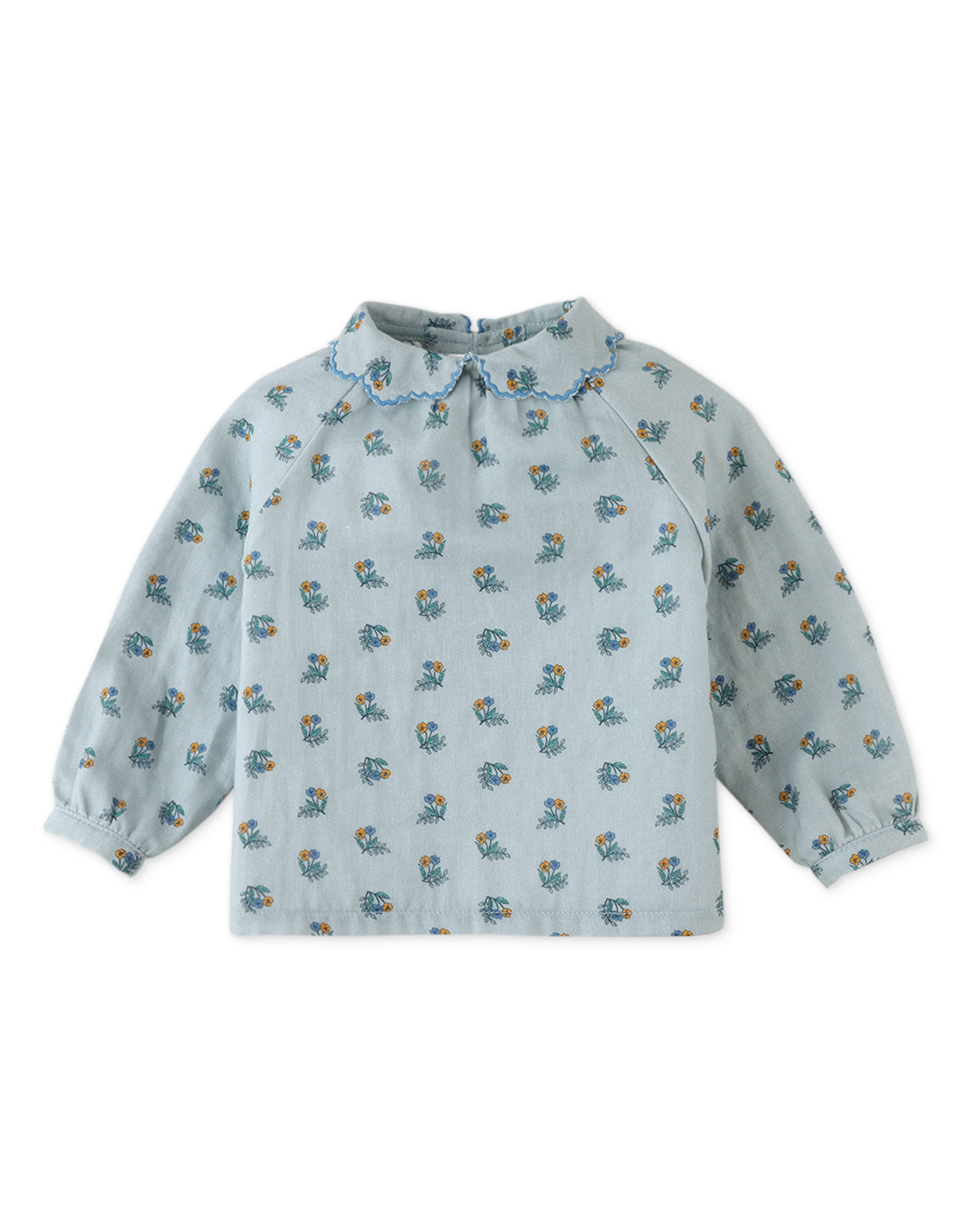 BABY GIRLS FLORAL BLOUSE WITH SCALLOP COLLAR AND CONTRAST EMBRO