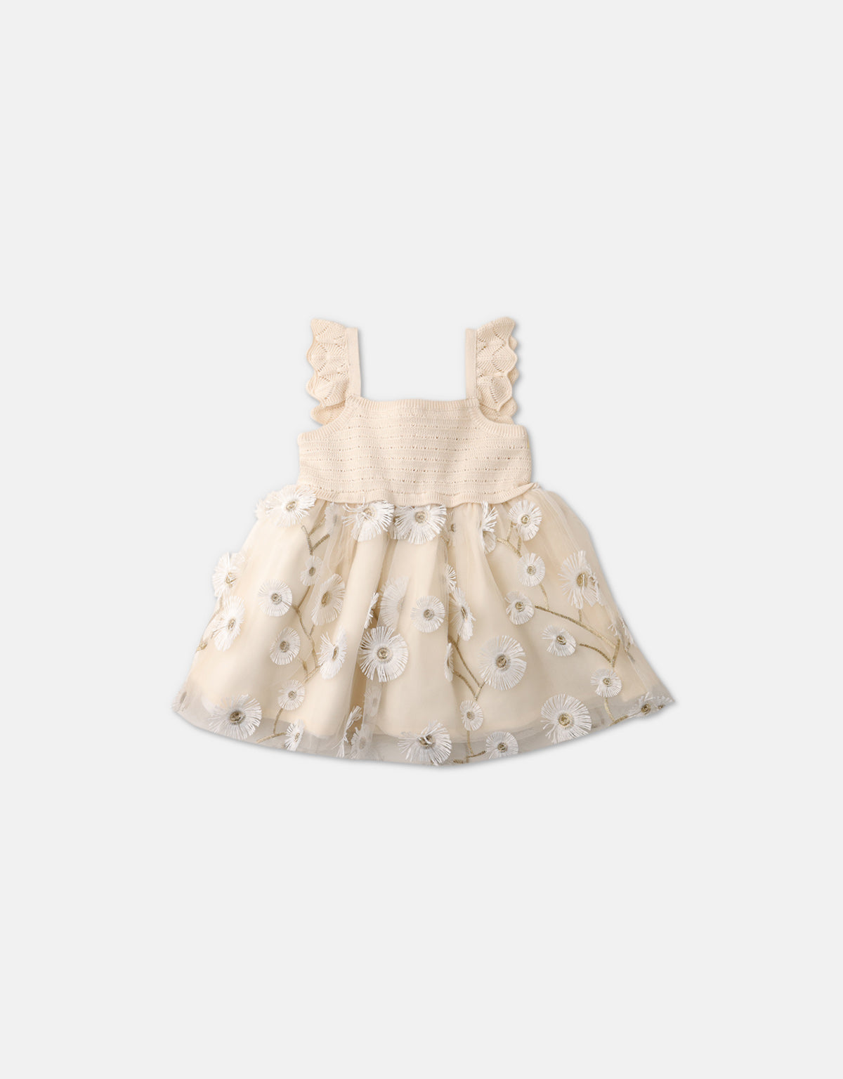BABY JADE CROCHET-LIKE STYLE KNITTED TOP & FLOWER EMBROIDERED TULLE DRESS