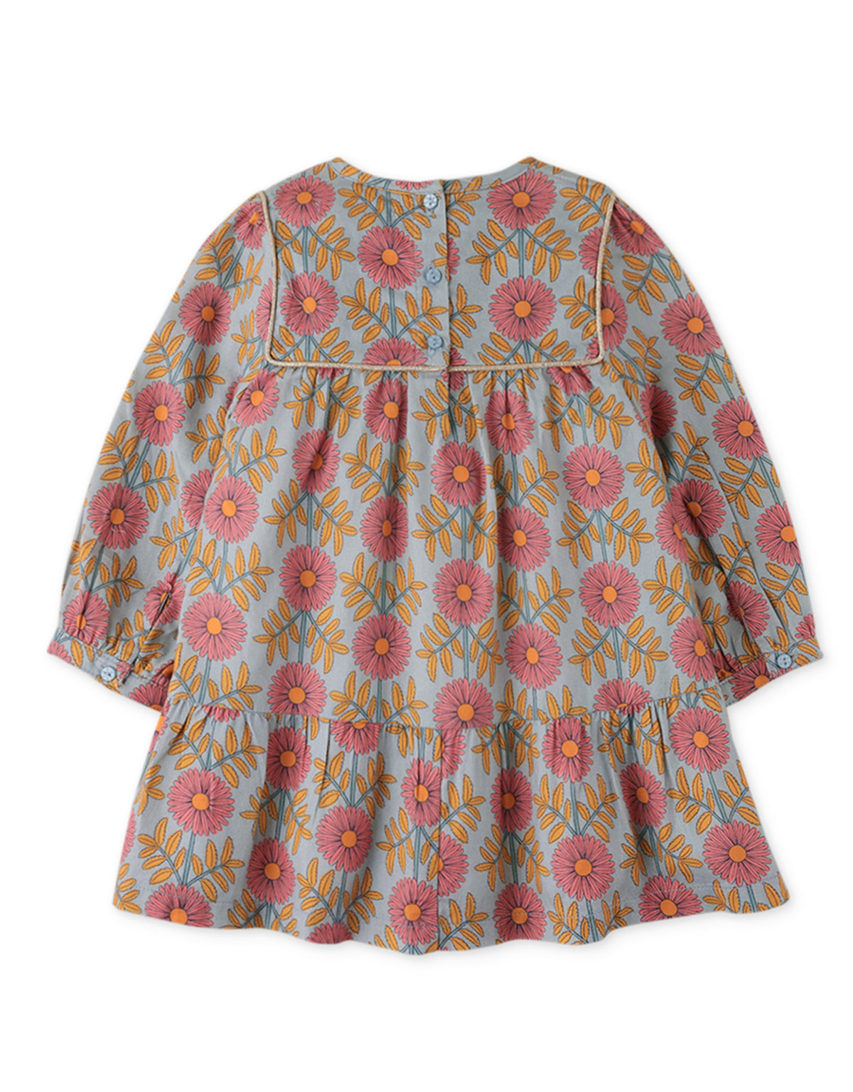 BABY GIRLS FLORAL TIERED DRESS WITH SMOCKING CONTRAST BINDING