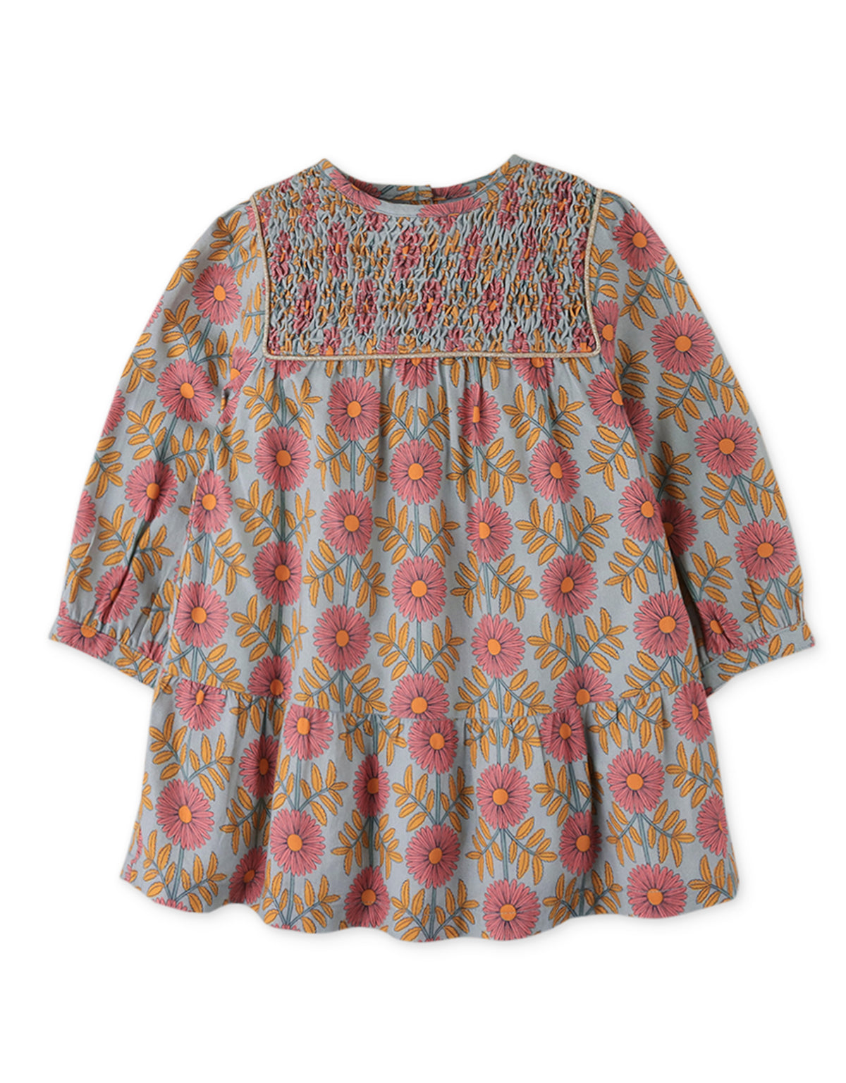 BABY GIRLS FLORAL TIERED DRESS WITH SMOCKING CONTRAST BINDING