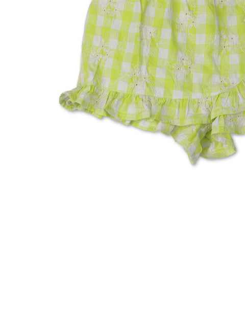 BABY GIRLS FLORAL EMBROIDERY ON GINGHAM SKORT WITH RUFFLES AND BOW