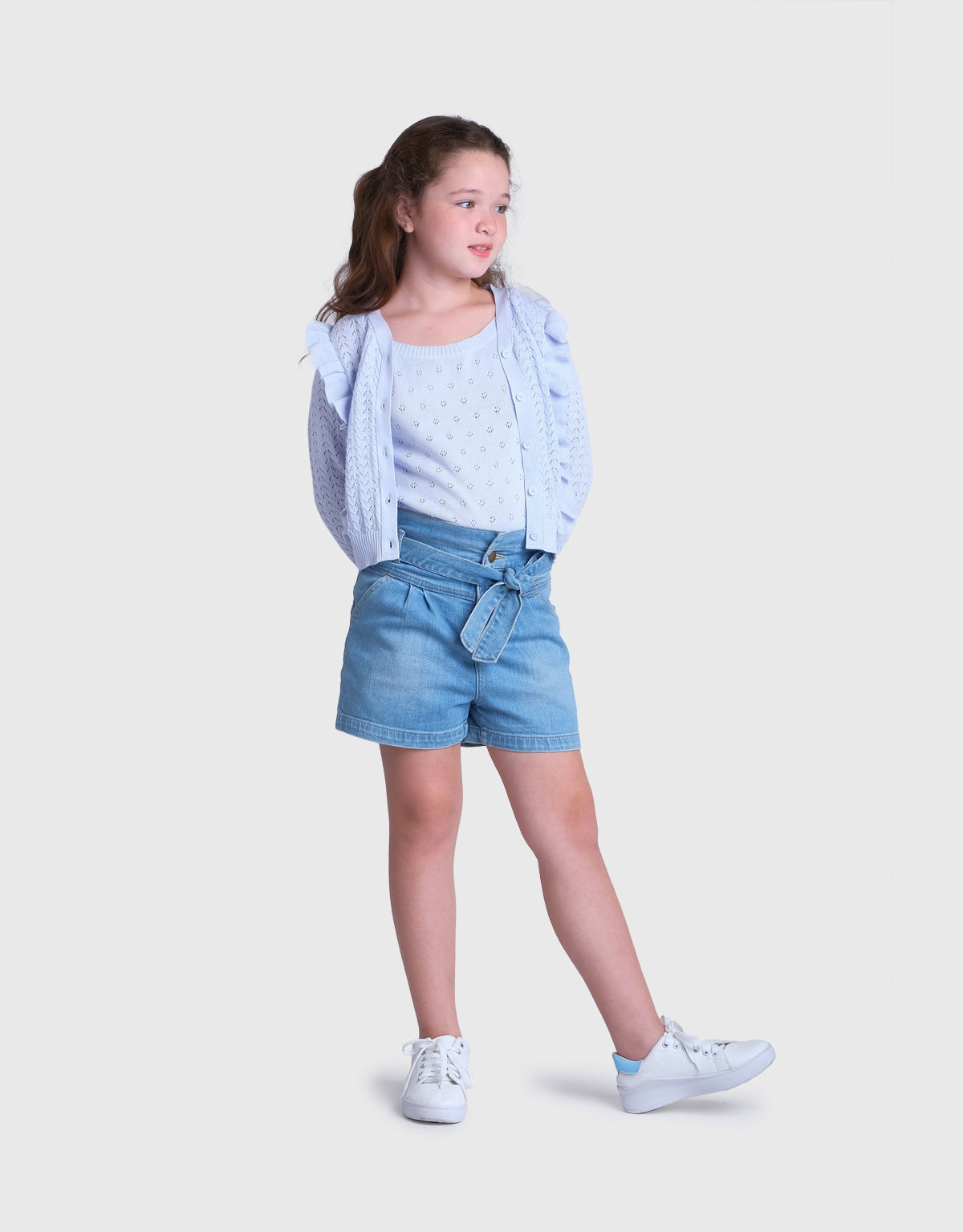 GIRLS DENIM SHORTS WITH YOKE AND SASH