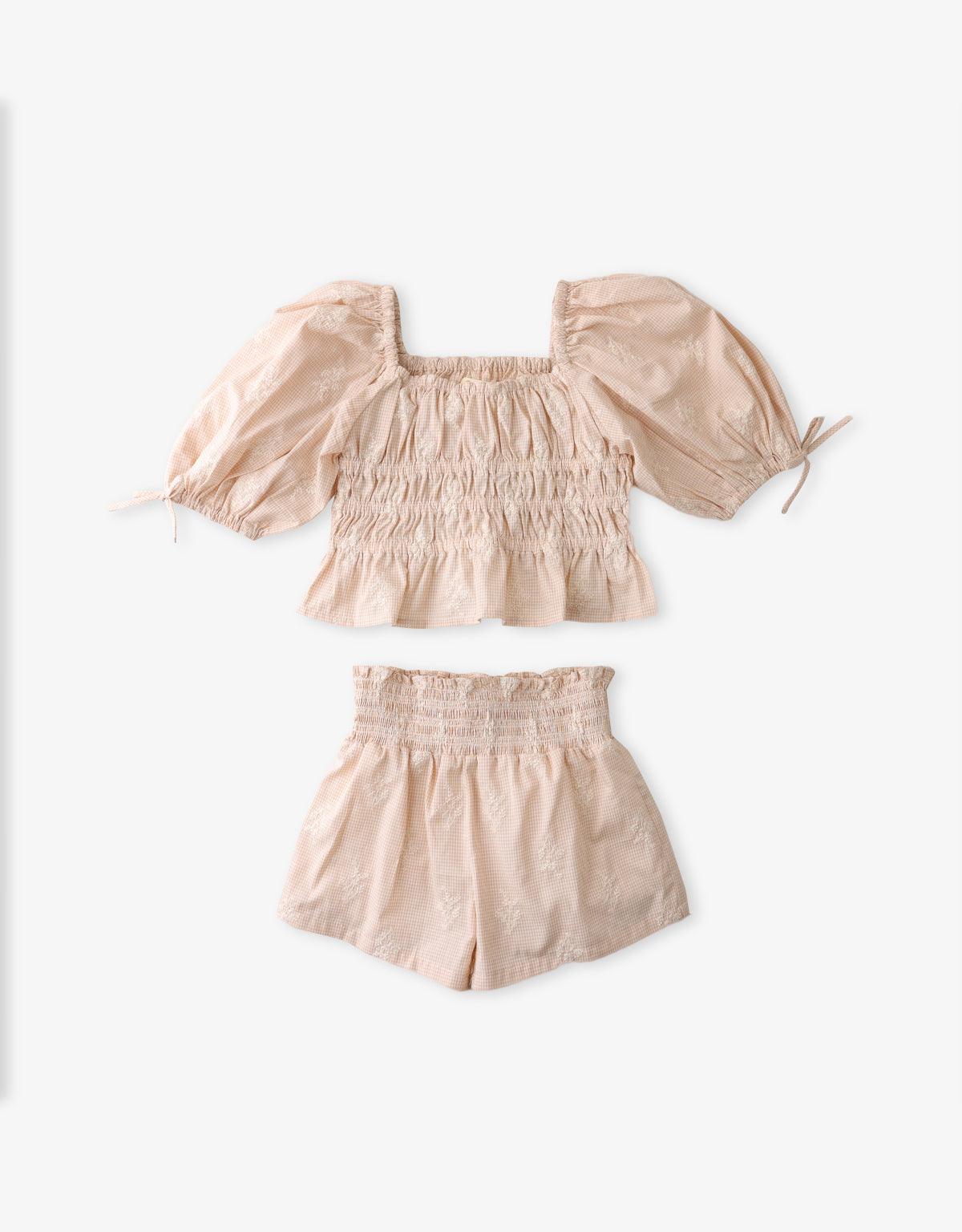 GIRLS EMBROIDERED GINGHAM SHORTS SET