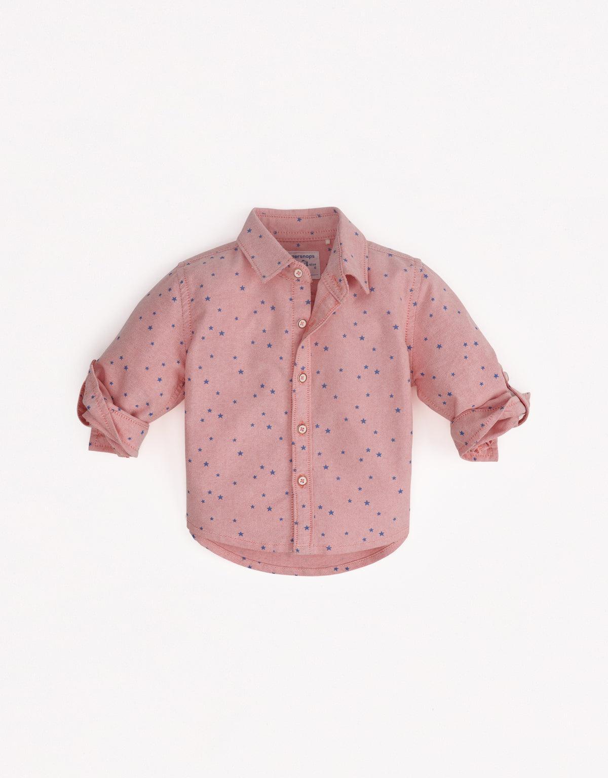 BABY BOYS STAR PRINT LOOSE LONG SLEEVES WOVENSHIRT - gingersnaps | Shop Kids & Children's clothing online at gingersnaps.com.ph, pink polo, pink shirt, star printed long sleeves, loose long sleeves, loose long sleeves for baby boys, pink loose long sleeves, woven shirt, pink woven shirt, baby boys pink loose long sleeves, star print loose long sleeves