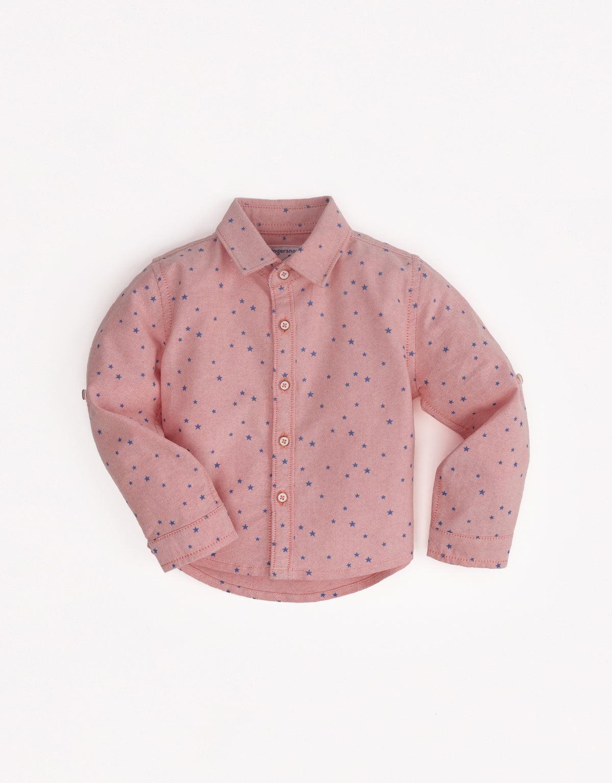 BABY BOYS STAR PRINT LOOSE LONG SLEEVES WOVENSHIRT - gingersnaps | Shop Kids & Children's clothing online at gingersnaps.com.ph, pink polo, pink shirt, star printed long sleeves, loose long sleeves, loose long sleeves for baby boys, pink loose long sleeves, woven shirt, pink woven shirt, baby boys pink loose long sleeves, star print loose long sleeves