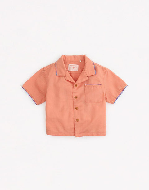 BABY BOYS WORKSHIRT WITH TRICOLOR TRIMS - gingersnaps | Shop Kids & Children's clothing online at gingersnaps.com.ph, work shirt, kids work shirt, baby boys workshirt, workshirt with tricolor trims for kids boys, peach work shirt, peach kids workshirt, panaman collar workshirt, peach polo, polo, peach polo for baby boys, kids' boys polo