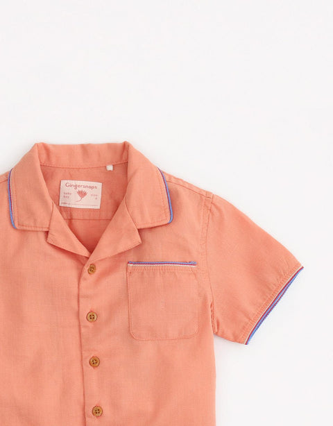 BABY BOYS WORKSHIRT WITH TRICOLOR TRIMS - gingersnaps | Shop Kids & Children's clothing online at gingersnaps.com.ph, work shirt, kids work shirt, baby boys workshirt, workshirt with tricolor trims for kids boys, peach work shirt, peach kids workshirt, panaman collar workshirt, peach polo, polo, peach polo for baby boys, kids' boys polo