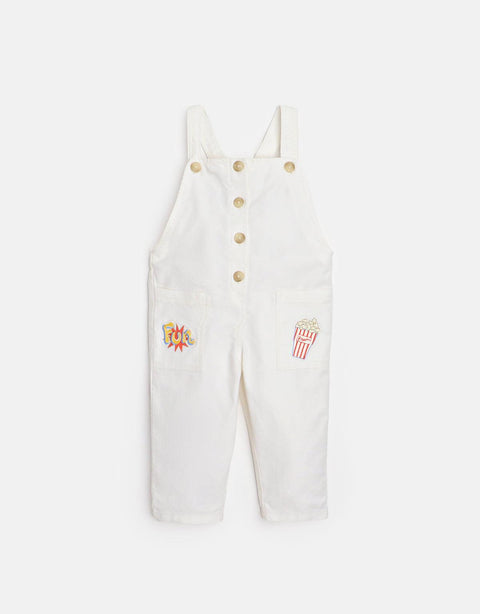 BABY GIRLS DUNGAREE WITH EMBROIDERY ON POCKETS - gingersnaps | Shop Kids & Children's clothing online at gingersnaps.com.ph, baby dungaree, dungaree for babies, white dungaree for baby girls, baby girls dungaree with embroidery, relaxed fit dungaree for babies, canvas fabric dungaree for baby girls, baby girls’ dungaree with pockets