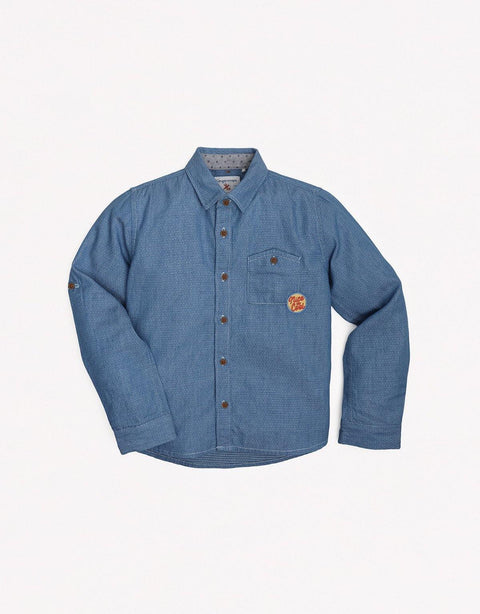 BOYS DOTTED WOVEN LONG SLEEVES SHIRT WITH PATCH - gingersnaps | Shop Kids & Children's clothing online at gingersnaps.com.ph, long sleeves shirt, blue long sleeve, long sleeves with patch, oxford long sleeves shirt, blue long sleeves shirt for kids, long sleeves shirt for kids boys, dotted woven long sleeves, childrens long sleeve polo shirts