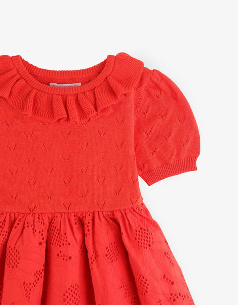 GIRLS PUFF SLEEVES KNIT WITH FLORAL LACE DRESS - gingersnaps | Shop Kids & Children's clothing online at gingersnaps.com.ph